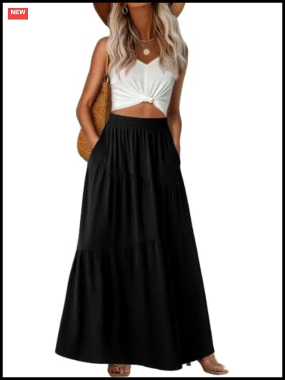 Women's High Waist Maxi Skirt with Pockets Flowy Tiered Boho Casual Lightweight